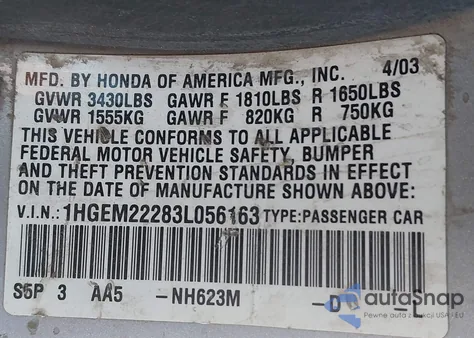 2003 Honda Civic Dx z USA, uszkodzony, nr VIN 1HGEM22283L056163